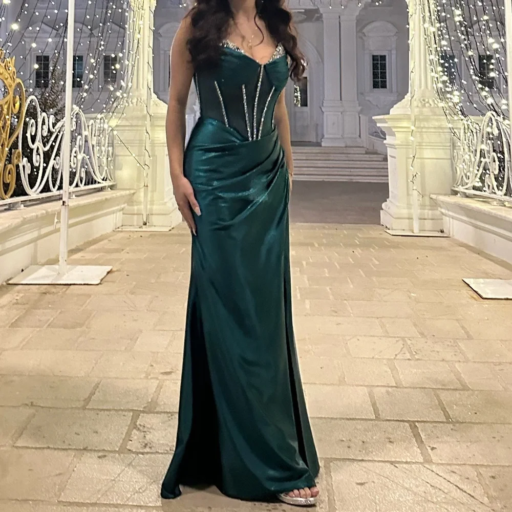 Emerald Green Satin Embellished Corset Evening Dress - Picture 2 of 7